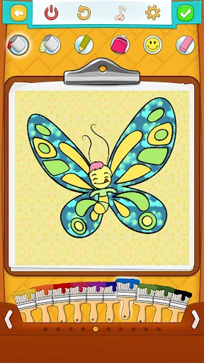Interactive butterfly coloring page with color palette and pencil brush selection tools