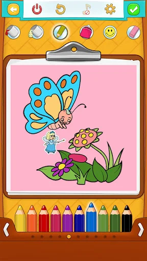 Butterfly, ladybug and flower coloring scene on pink canvas with multi-colored pencil options