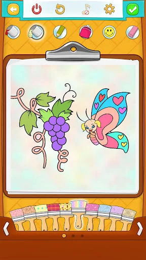Butterfly and grape vine coloring page with spiral decorative design and color palette tools