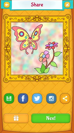 Share completed butterfly coloring artwork with social media and gift reward buttons