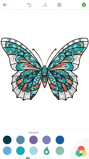 Teal and coral butterfly coloring page with multi-color palette selector for adult stress-relief and anxiety management artwork