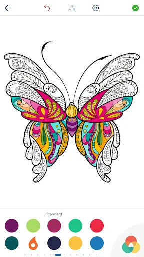 Butterfly coloring canvas with Standard palette and multiple vibrant colors for relaxing adult coloring book entertainment activity