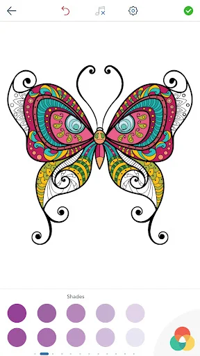 Ornate butterfly design featuring Shades palette with multiple purple tones for creating detailed, layered coloring artwork