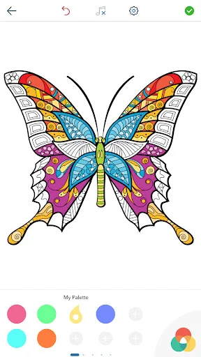 Butterfly coloring page with My Palette custom colors, including pink, mint, and blue options for personalized stress-relief creation
