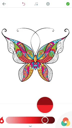 Partially colored butterfly with pink sections and brush intensity slider tool for adult mindfulness coloring activity