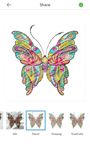 Vibrant geometric butterfly design with Silk, Pencil, Drawing, and TrueColor effect filter options for adult coloring pages