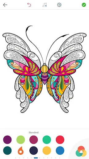 Butterfly outline with pink and blue colored wings and Standard color palette for adult anxiety-relief coloring meditation