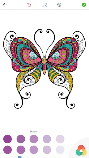Ornate decorative butterfly with purple and pink shaded palette for adult relaxation and creative coloring art project