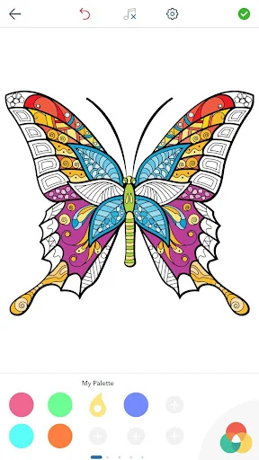 Multi-colored segmented butterfly design with custom My Palette selector for adult stress-relieving coloring page artwork