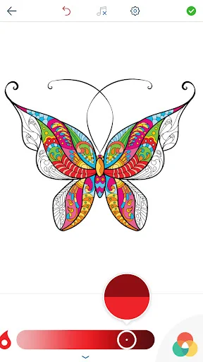 Interactive butterfly coloring with pink brush, circular color selector, and opacity slider for precise digital painting control
