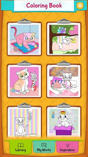 Coloring Book main menu grid showing six cat coloring page thumbnails with Library, My Works, and Inspiration tabs