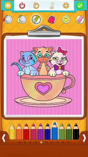 Three cats in teacup coloring page design with pink background and colorful pencil selection palette