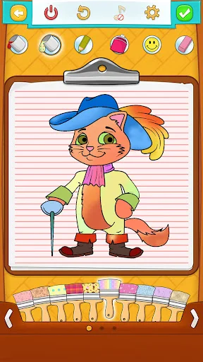 Cute cat character drawing on lined paper with blue hat, jacket, and microphone, color palette below