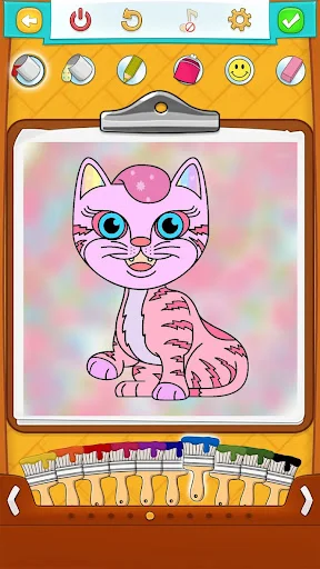 Pink cat sitting coloring page with paint brush tool selector and color palette in Cat Coloring Pages app
