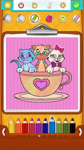 Three cute kittens in teacup coloring page with red, purple, blue, and green colored pencils palette