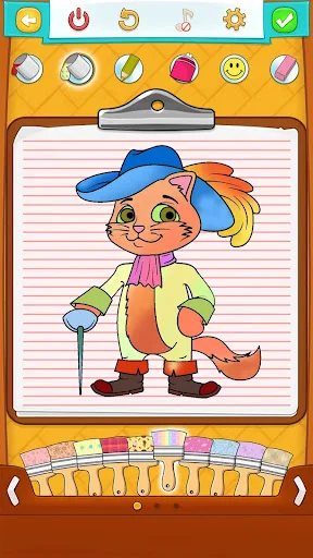 Anthropomorphic cat character in blue hat and colorful outfit coloring page with gradient color palette