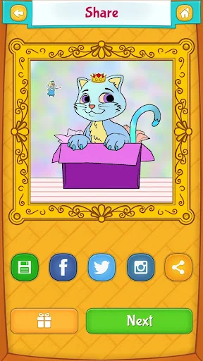 Share artwork screen displaying white cat illustration with Facebook, Twitter, Instagram sharing options