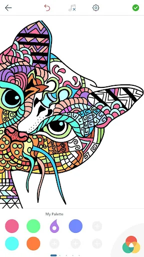 Intricate geometric cat illustration with custom color palettes, color wheel, and detailed pattern sections for coloring