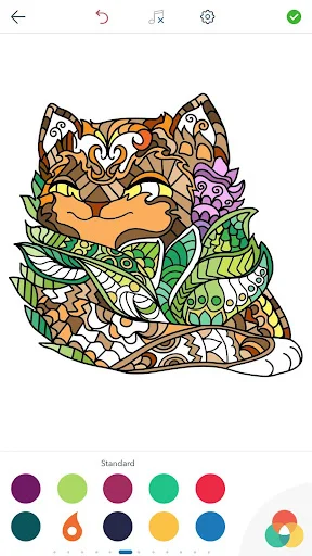 Ornate cat surrounded by decorative leaves and flowers with standard color palette options for adult coloring activity