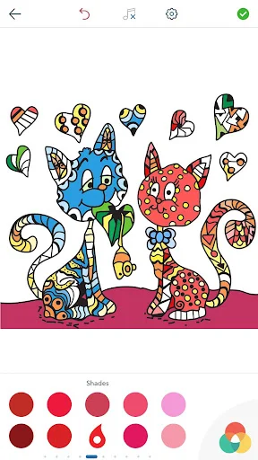 Two cute cartoon cats with floating hearts partially colored using shade color palette for anti-stress adult coloring
