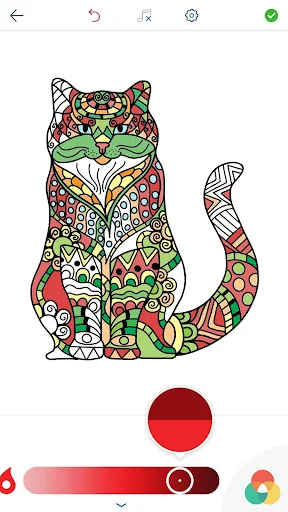 Complex patterned cat design with gradient color slider bar and rainbow wheel for digital adult coloring book selection