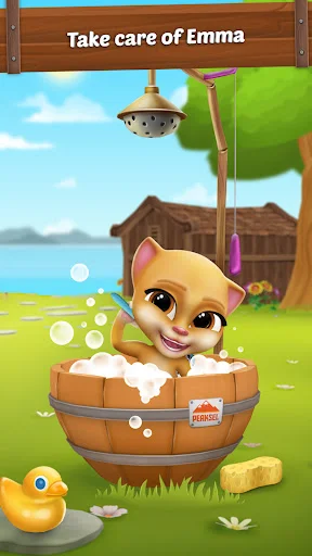 Emma the virtual cat sitting in a bubble bath in her garden, pet care and bathing gameplay feature