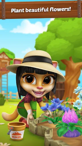 Emma in sun hat planting colorful flowers in garden pots, gardening simulation mechanic with watering can