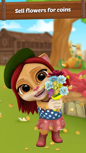 Emma holding vibrant flower bouquet with coins floating around, selling flowers for in-game currency