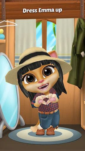 Emma in bedroom closet with mirror and clothing options to dress up and customize virtual pet appearance