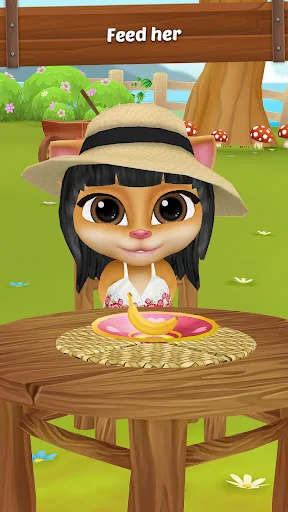 Emma wearing sun hat eating food at wooden table in garden, pet feeding and care gameplay interaction