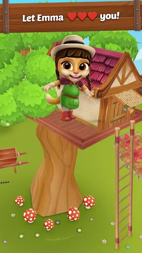 Emma waving affectionately from wooden treehouse in garden, bonding and pet happiness mechanic