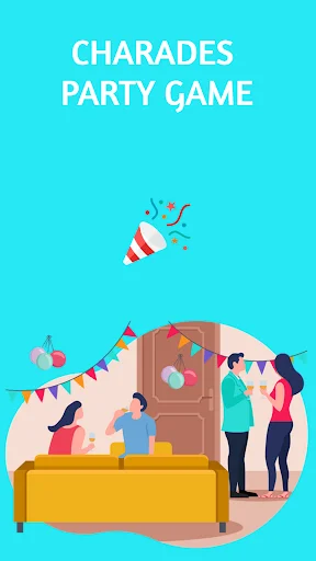 Charades party game welcome screen featuring colorful illustration of diverse players gathered for a festive group guessing game