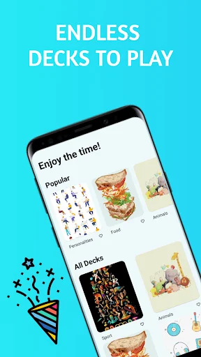 Endless deck selection interface showing popular word categories like occupations, food, and animals for charades gameplay