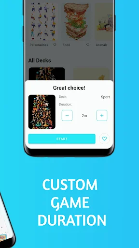 Custom game duration setup displaying Sport category deck selected with 2-minute timer option and game start button