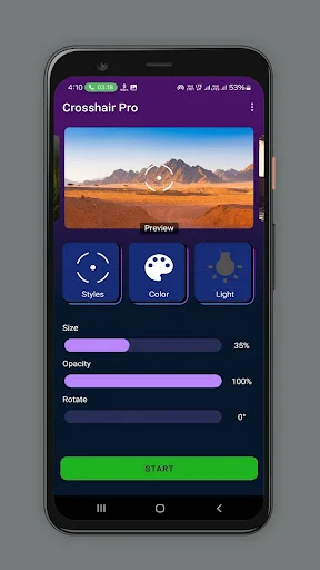 Crosshair Pro main screen with desert preview, customization options for styles, color, and light settings with size slider