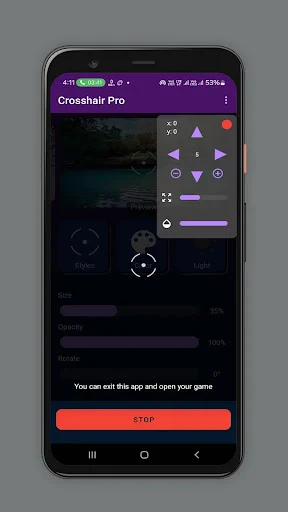 Crosshair Pro settings interface with game background, directional controls, and customization sliders for aim improvement