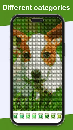 Cross-stitch pixel art dog portrait on green background using brown, white, and colored blocks