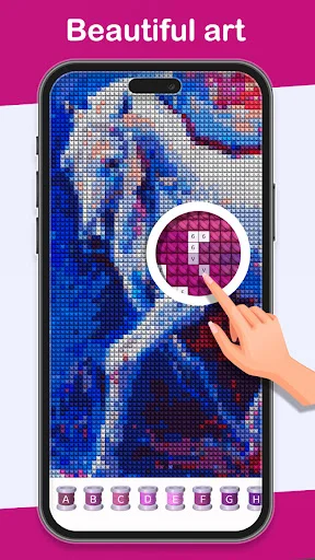 Cross-stitch pixel art of fantasy elf character with interactive zoom showing colored grid pattern and palette
