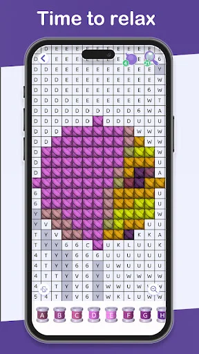 Relaxing cross-stitch puzzle grid with purple flower design using numbered squares and colored tiles