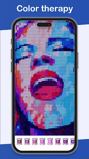 Pixelated pop art portrait of woman's face in blue, red, and pink tones as cross-stitch painting