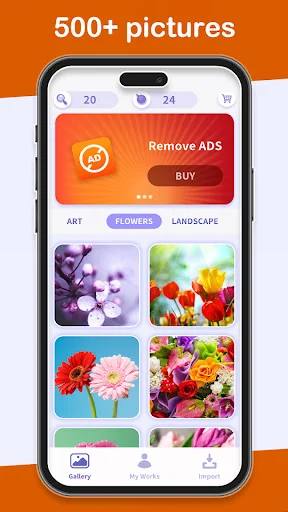 Gallery view of 500+ cross-stitch art pictures with flower and landscape categories, ads removal option