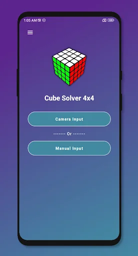 Cube Solver 4x4 home screen with 4x4 Rubik's cube icon, Camera Input button for photo-based solving, and Manual Input button for step-by-step cube entry