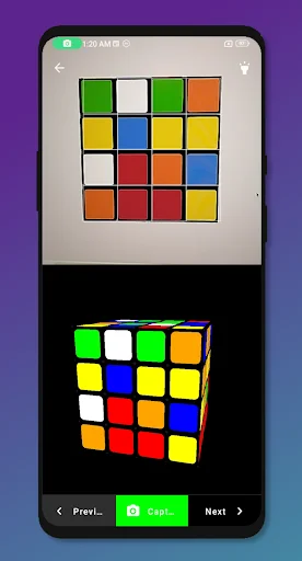Camera capture view showing photographed cube face grid in light colors at top, 3D cube visualization below with colored squares, Previous Capture and Next navigation buttons