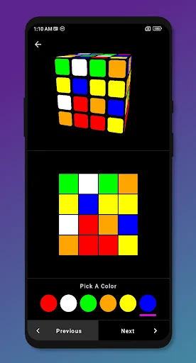 Color picker interface showing 3D Rubik's cube at top, 2D cube face diagram below, colored selection circles for red white green yellow orange blue, and Previous Next navigation