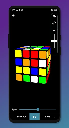 Cube solution setup screen featuring 3D rendered 4x4 Rubik's cube, speed slider control for animation speed, Previous F2 and Next navigation buttons for solution adjustment