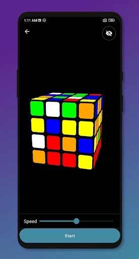 Pre-solution screen showing completed 3D Rubik's cube model with speed slider adjustment and teal Start button to begin solving the puzzle