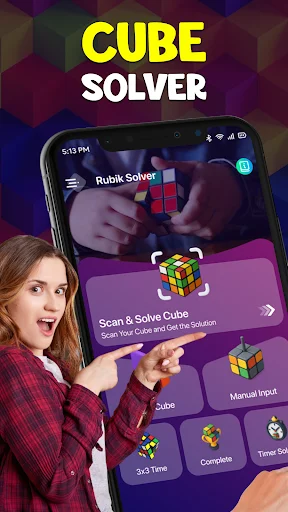 Cube Solver Scanner app home screen showing woman with phone displaying Rubik's cube scanner and solve features
