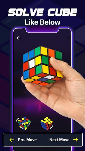 Solve Cube tutorial showing hand holding scrambled Rubik's cube with previous/next move navigation controls