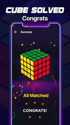 Cube Solved success screen with solved Rubik's cube, confetti animation, and congratulations message display