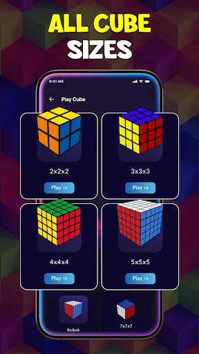 Cube size selection menu for different Rubik's cube puzzles including 2x2, 3x3, 4x4, and 5x5 cube options